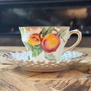 Vintage Lefton China Hand-Painted Peach Teacup & Reticulated Lattice Saucer Set
